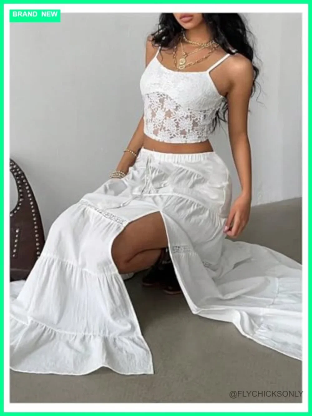 Boho Western Maxi Skirt with Lace Trim High Slit Layered Ruffle